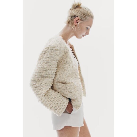 NWT H&M cream beige textured weave glitter thread short jacket, L - Picture 3 of 8